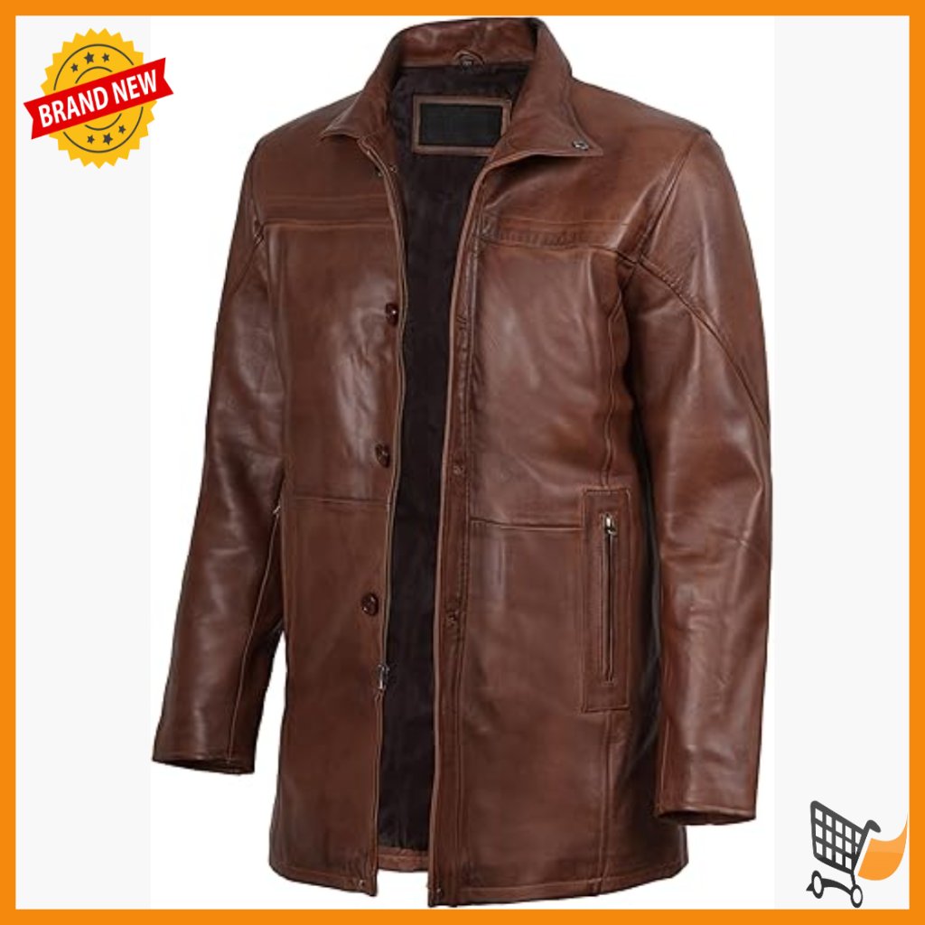 Men's Real Lambskin Leather Coat Car Coat Style Full Zip Lined
